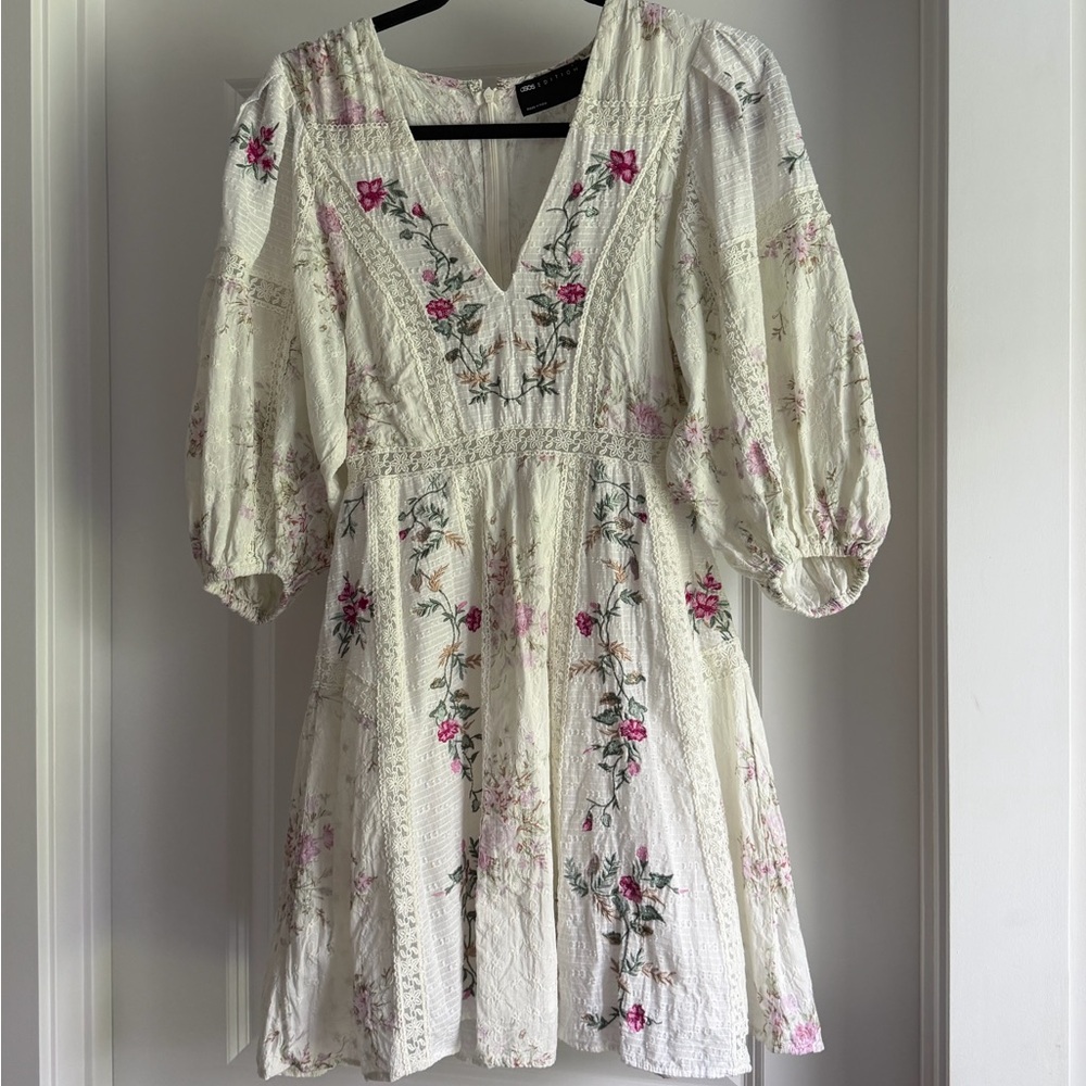 Ivory Floral V-Neck Mini Dress - Cream with Pink Floral